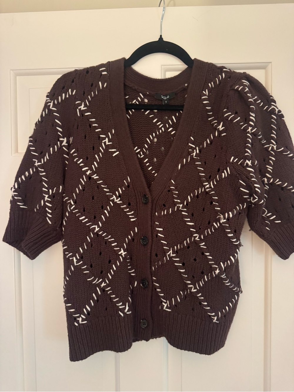 Rails Brown Short-Sleeve Knit Cardigan with White Stitching